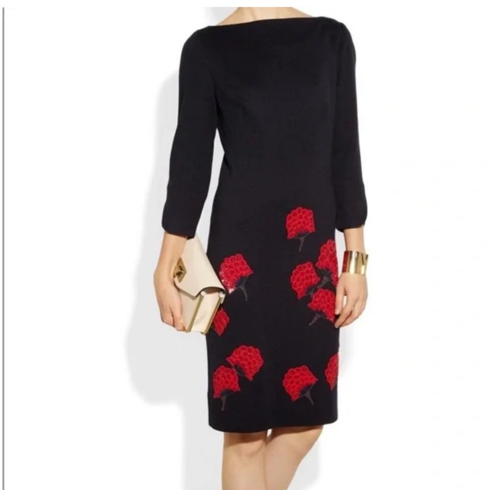 Tory Burch Dark Navy Etta Dress with Beaded/Sequin Red Floral Design